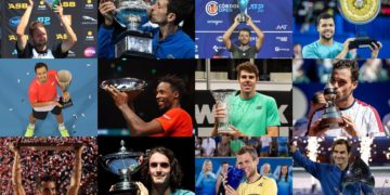 Tennis stars with winning trophies