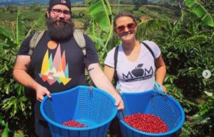 Two people holding fruits in large blue bins in a field.