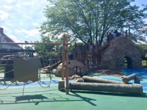 Wooden structures in a playground.