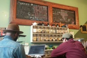 Two customers hanging at an eatery.