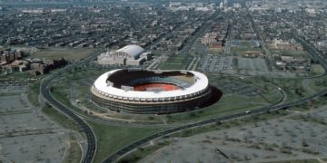 An aerial view of Robert F. Kennedy Memorial Stadium.