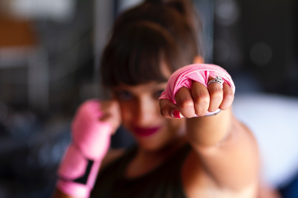 A woman punching the air.