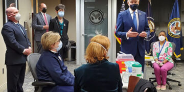 President Joe Biden visits the DC Veterans Affairs Medical Center on March 8, 2021.
